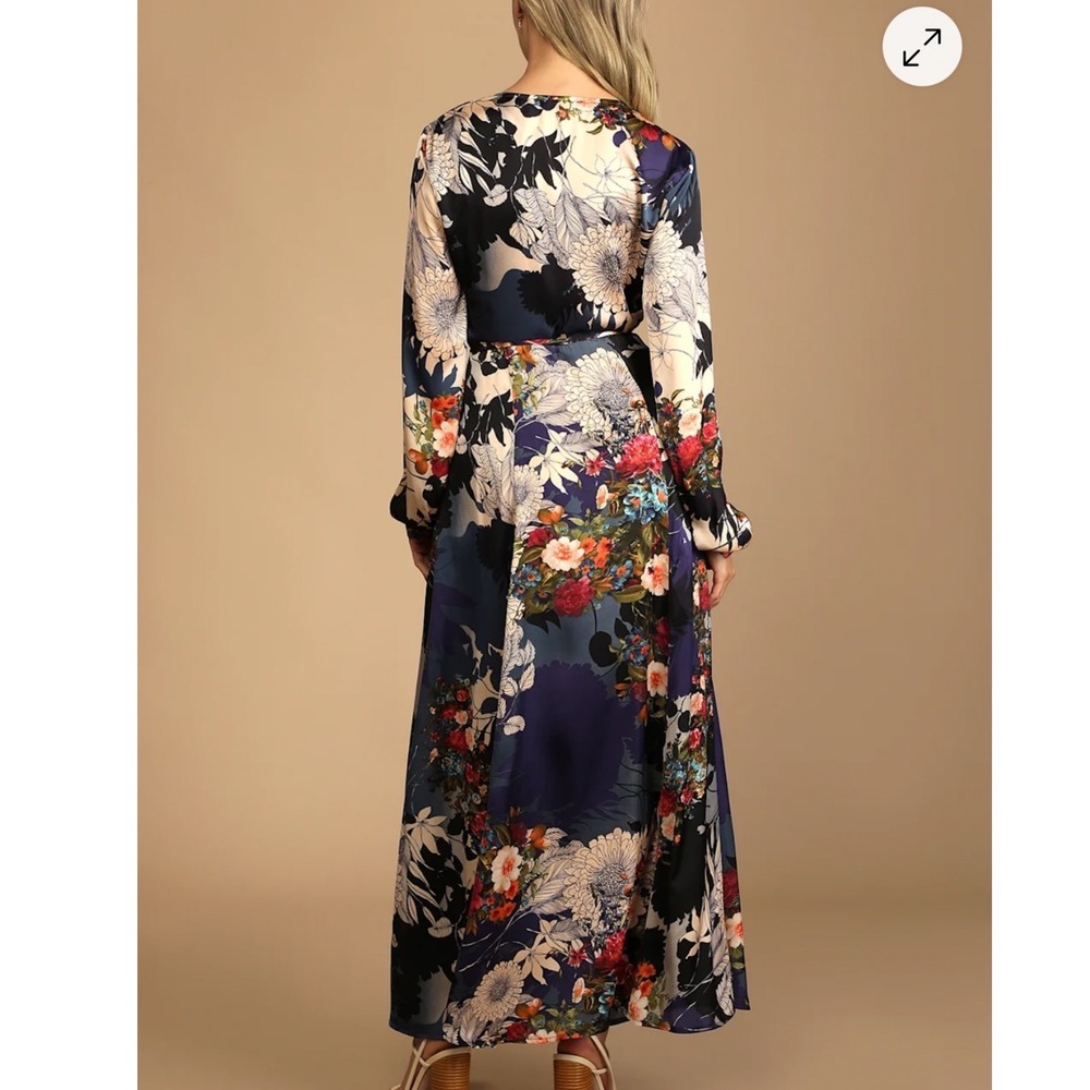 Lulus Put on a Smile Blue Floral Print Satin Wrap Maxi Dress Medium - Picture 3 of 8